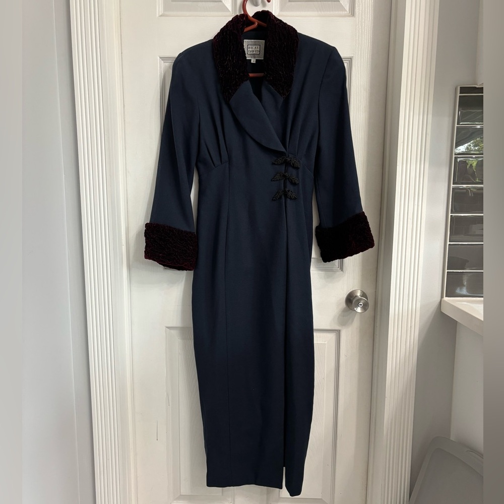 Beau David Vintage Blue Dress Coat Velvet Accents Size 6 Victorian Witchy Goth